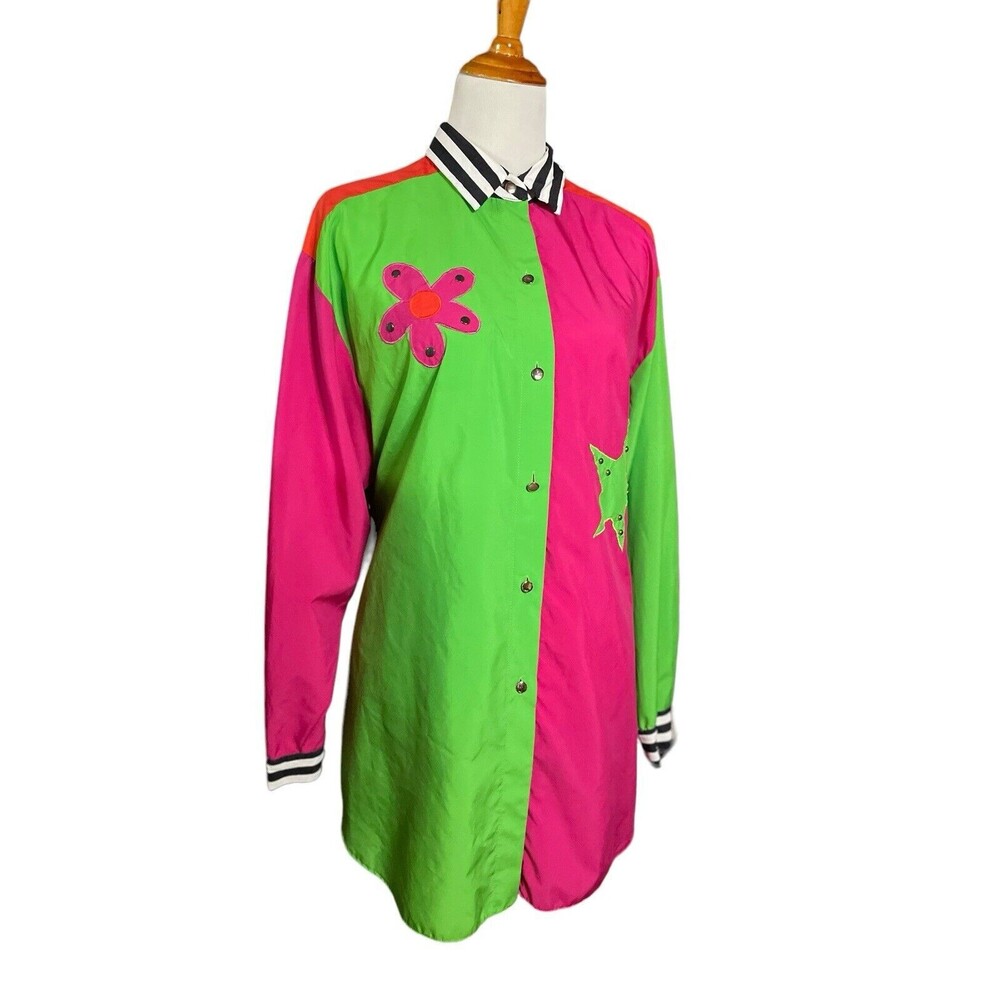 SUNNY LADY 14W Color Block Shirt Pink Green Orange Black White Star 80s 90s VTG